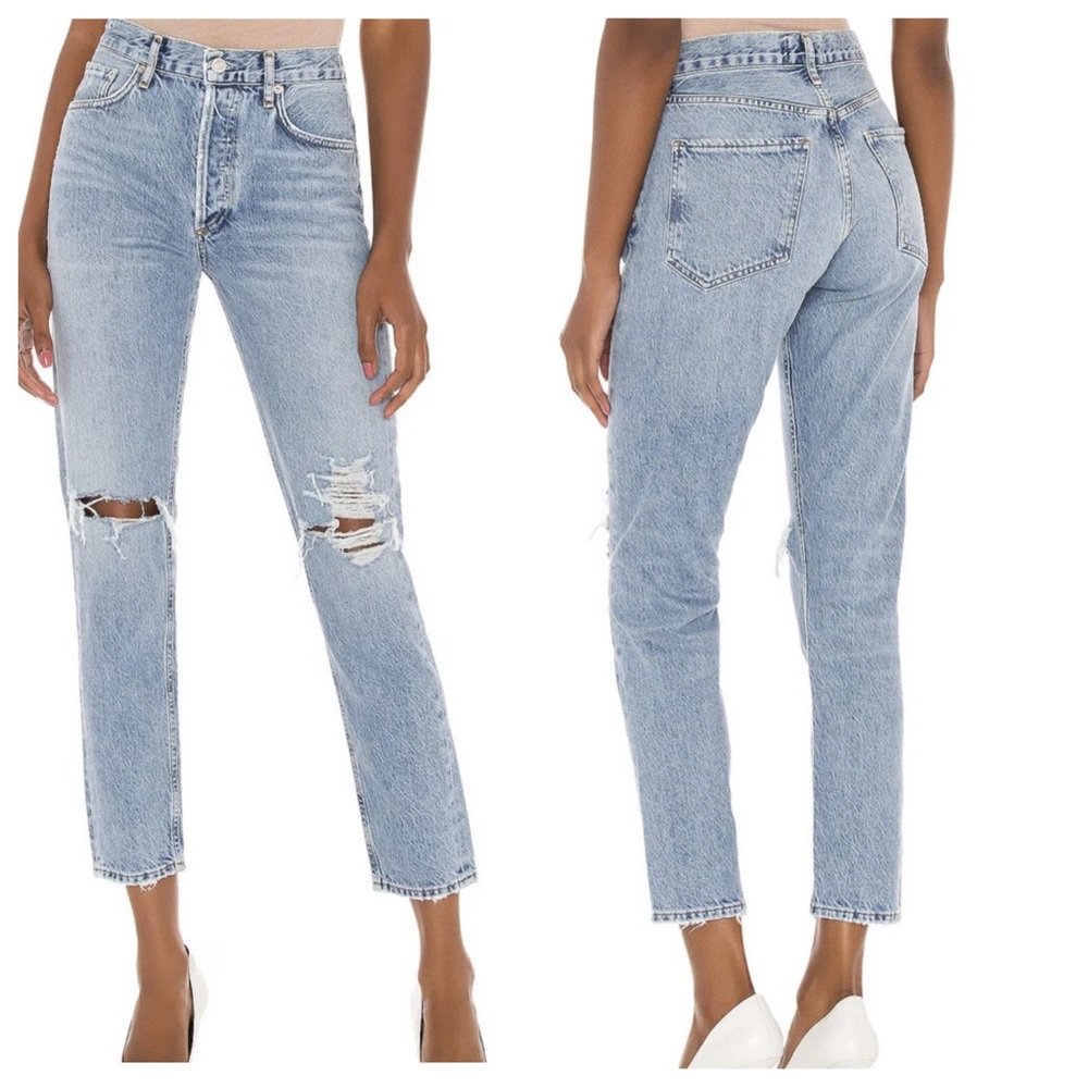 Agolde Jamie High Rise Jeans Light Wash Destroyed SZ 25 Rigid Cotton Denim